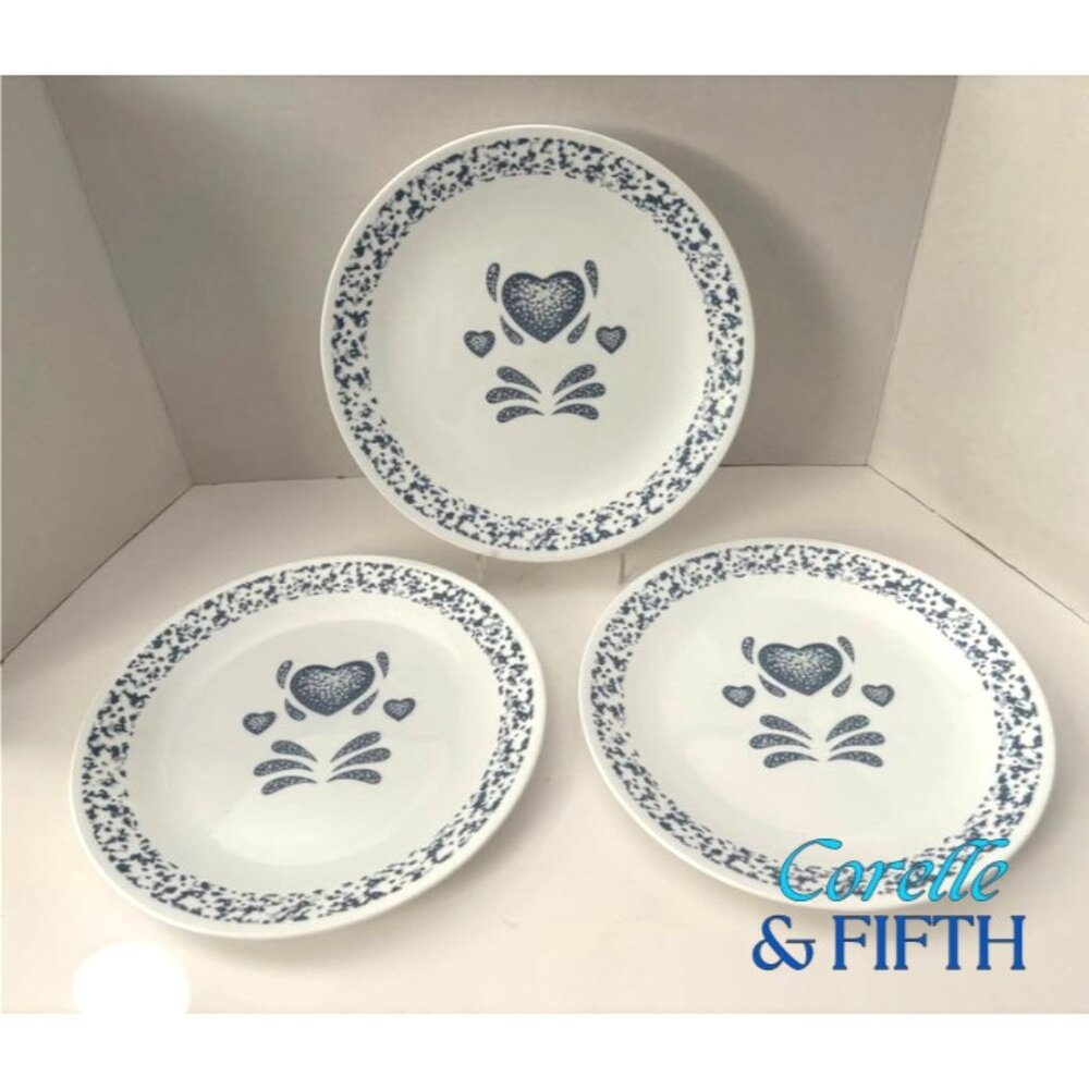 CORELLE BLUE HEARTS Dinner Plates 10 1/4" Set of 3 Corning Ware USA